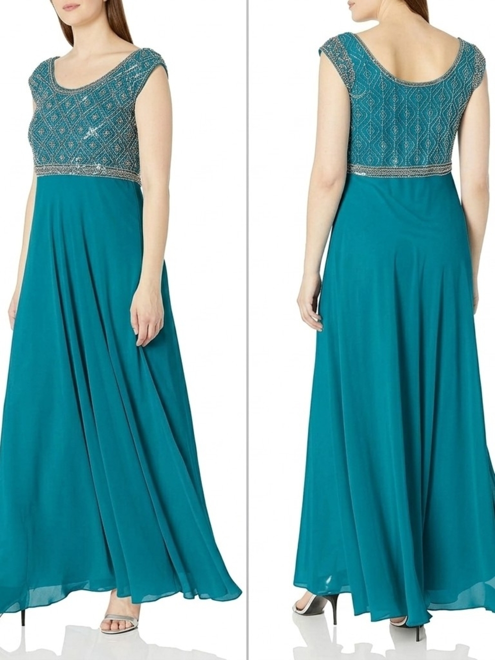 J Kara Teal Beaded Cap-Sleeve Maxi Dress Size 8